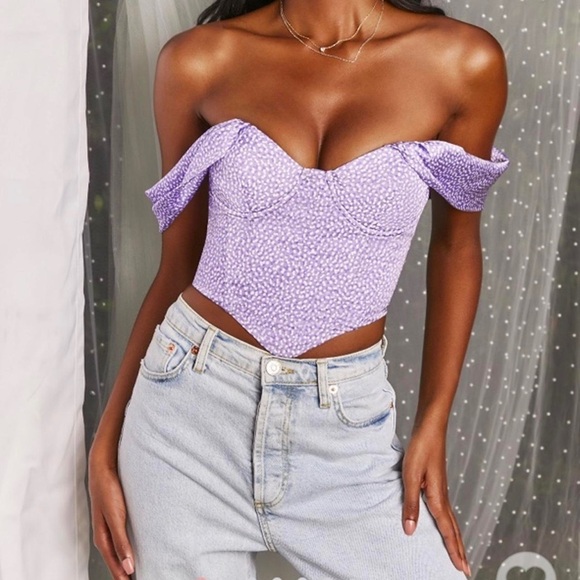 Oh Polly Purple and White Satin Bardot Corset Top Off the shoulder size 4 - Picture 1 of 9